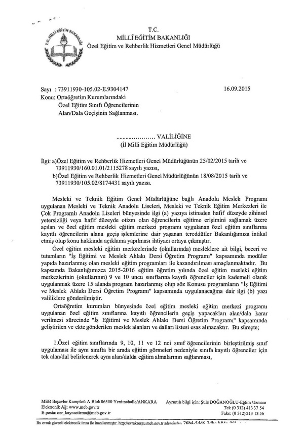 Özel egitim sınıfı öğrencilerinin alan ve dala geçişi