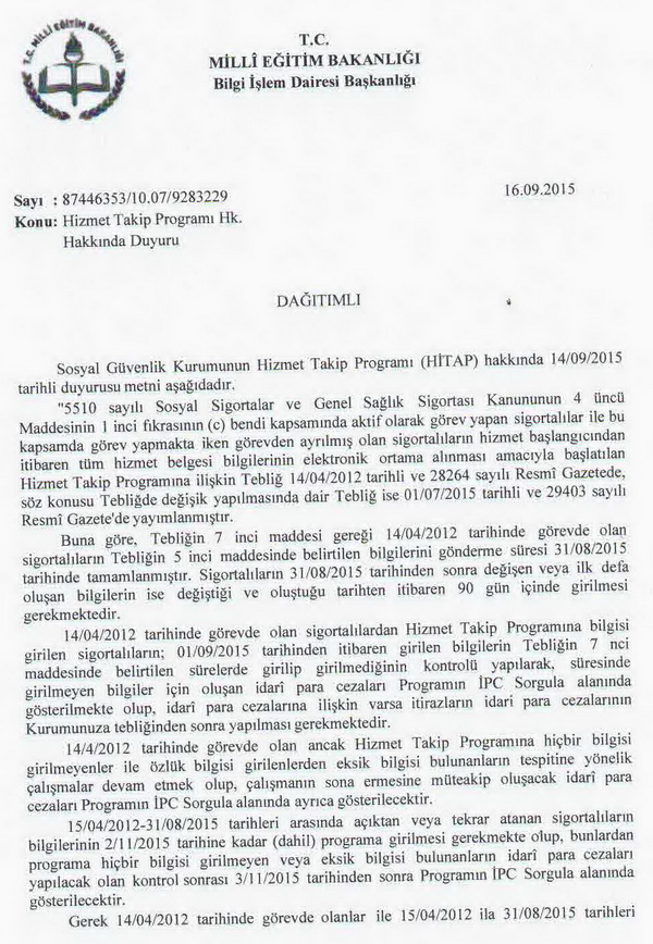 Hizmet takip programı hakkında duyuru