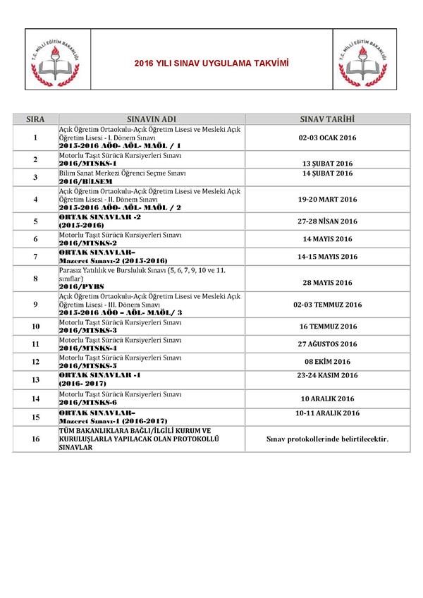 2016 yılı MEB sınav uygulama takvimi