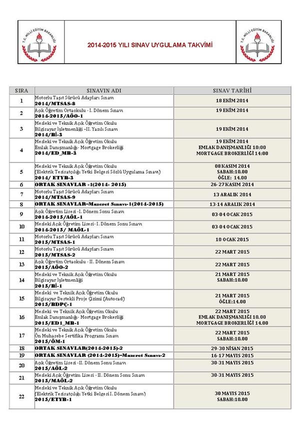 2016 yılı MEB sınav uygulama takvimi