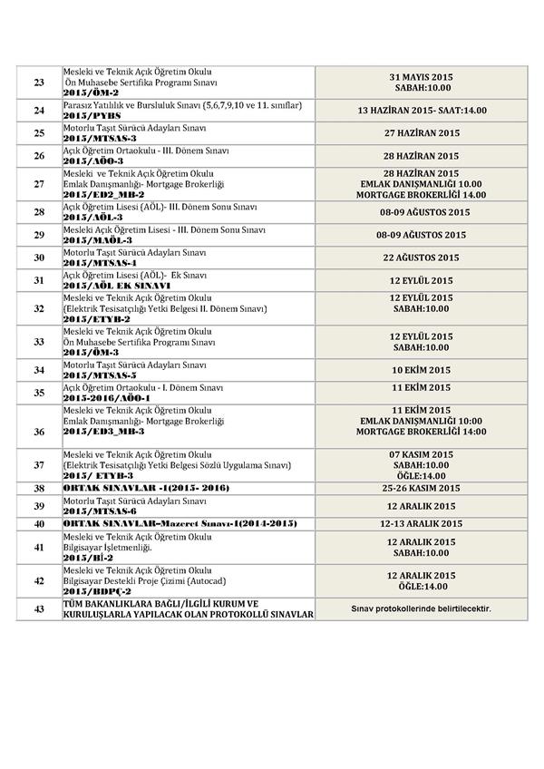 2016 yılı MEB sınav uygulama takvimi