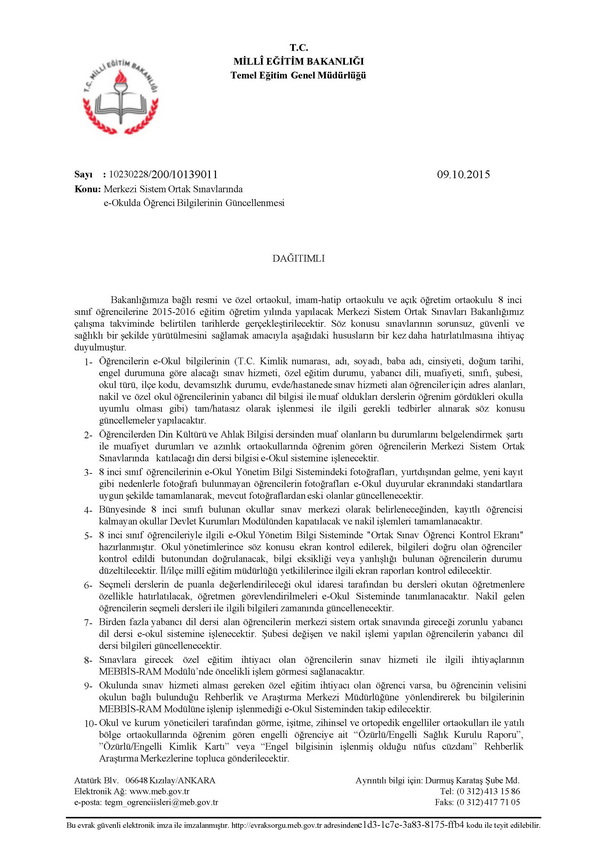 TEOG için öğrenci bilgilerinin güncellenmesi