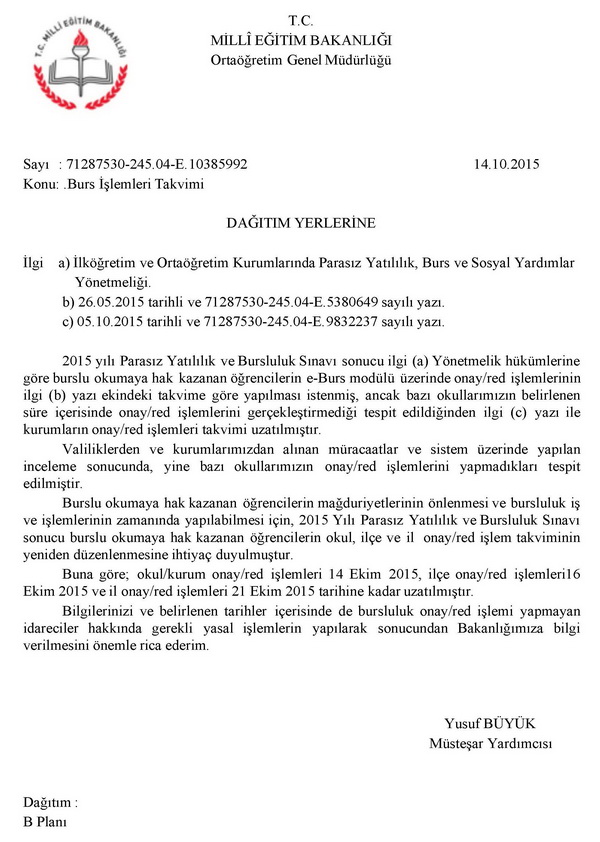 MEB Burs işlemleri takvimi