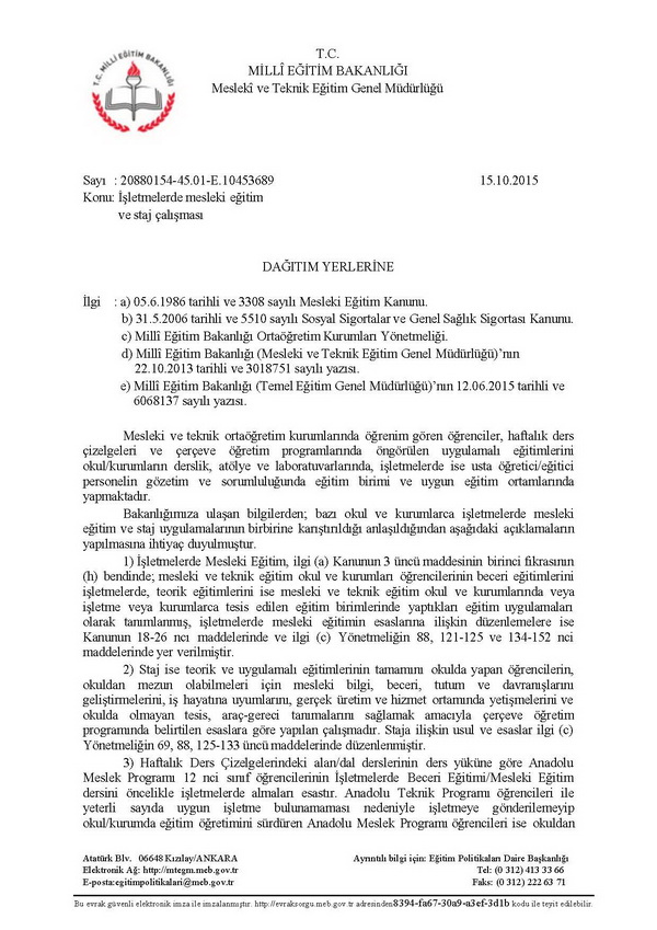 MEB'den işletmelerde mesleki eğitim ve staj çalışması açıklaması