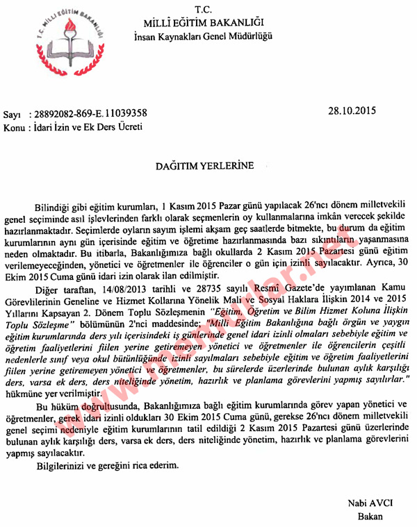 MEB'den idari izin ve ek ders ücreti yazısı