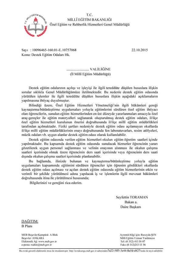 Destek eğitim odaları görüş yazısı