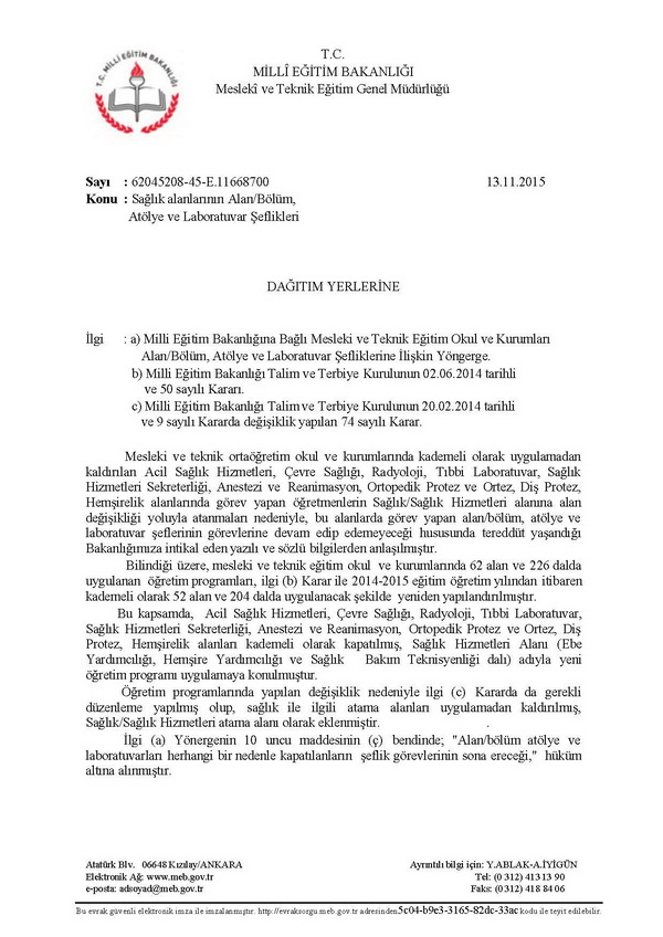 Sağlık alanlarının alan/bölüm, atölye ve laboratuvar şeflikleri