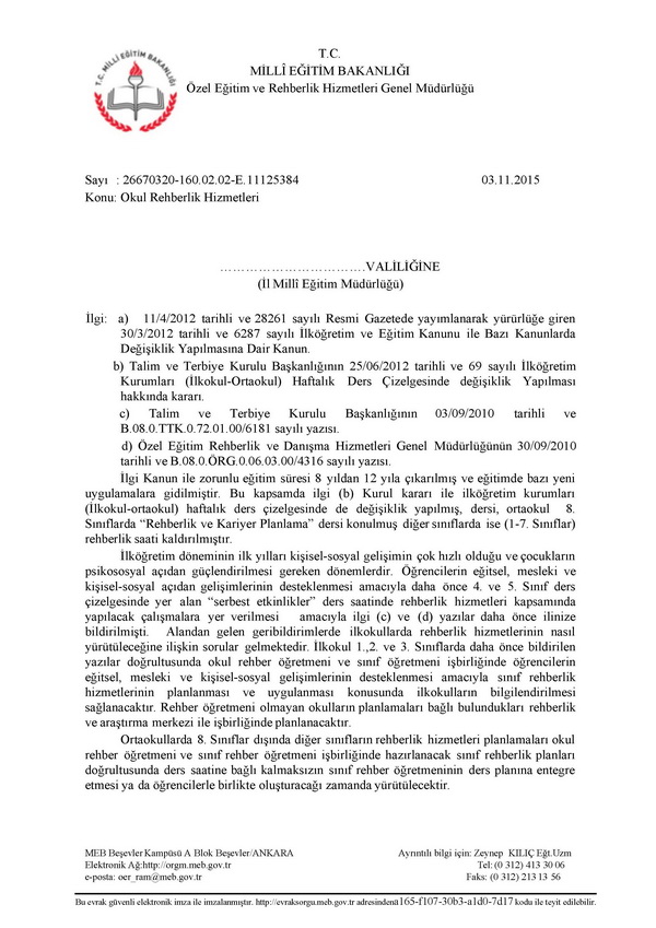 MEB'den okul rehberlik hizmetleri yazısı