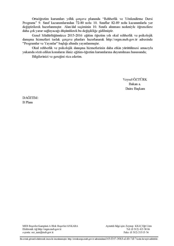 MEB'den okul rehberlik hizmetleri yazısı