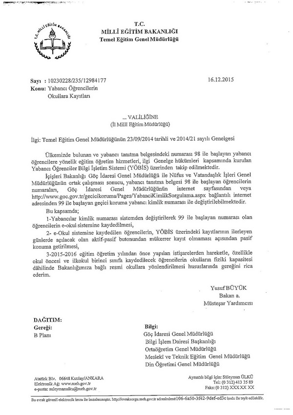 Yabancı öğrencilerin okullara kayıtları yazısı