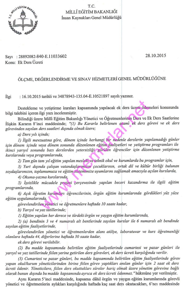 Takviye kurslarında görevli öğretmenlerin ek dersleri (MEB görüş yazısı)