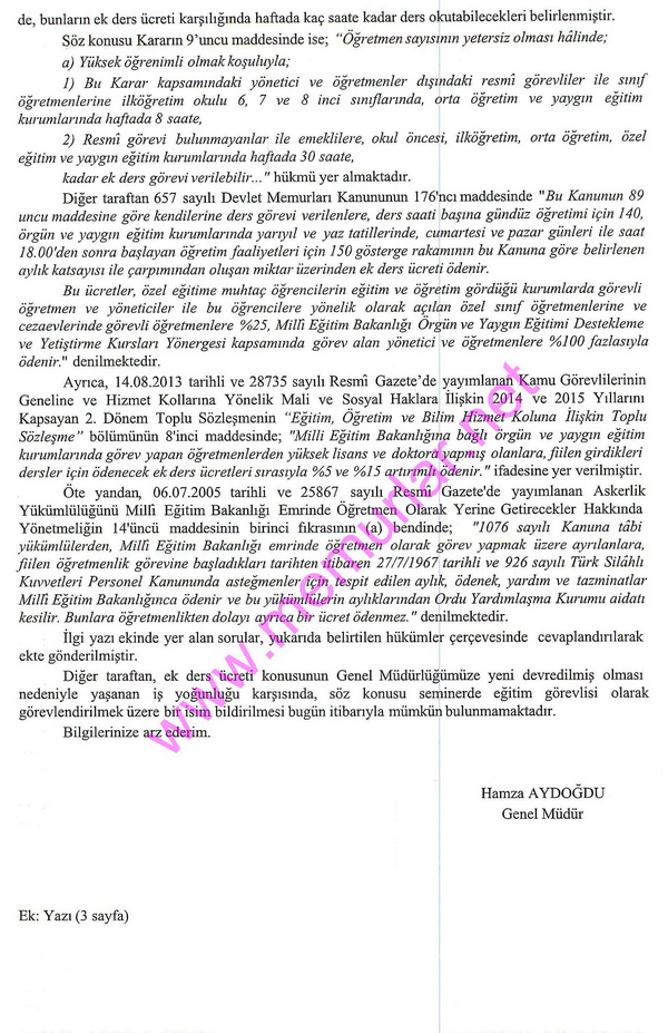 Takviye kurslarında görevli öğretmenlerin ek dersleri (MEB görüş yazısı)