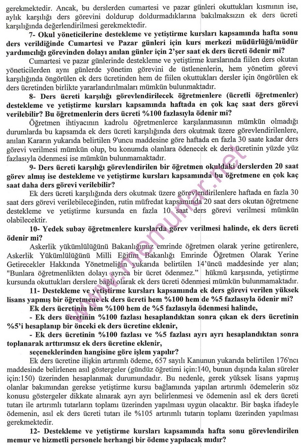 Takviye kurslarında görevli öğretmenlerin ek dersleri (MEB görüş yazısı)