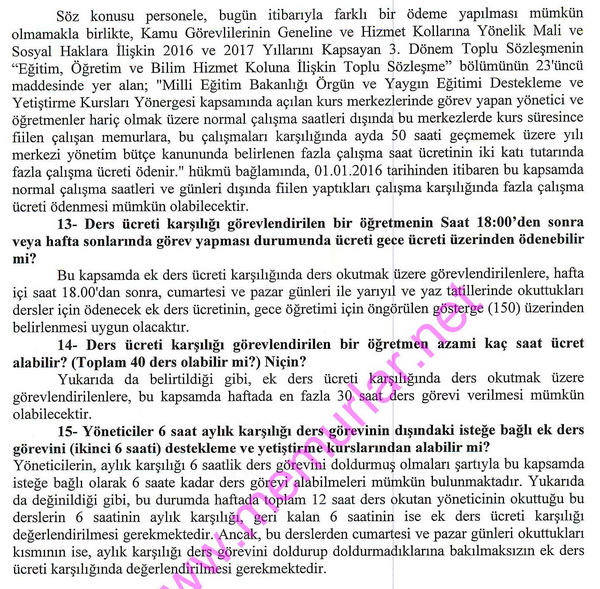 Takviye kurslarında görevli öğretmenlerin ek dersleri (MEB görüş yazısı)