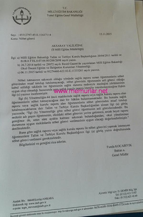 MEB'den ''Nöbet Görevi'' Yazısı