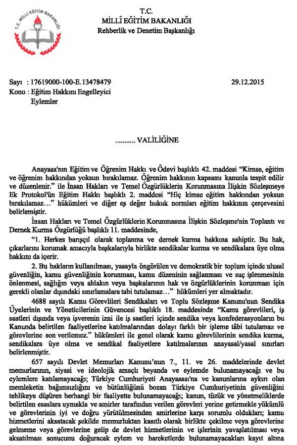 MEB'den eğitim hakkını engelleyici eylemler hakkında yazı