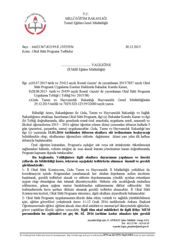 Okul sütü programı tedbirler yazısı