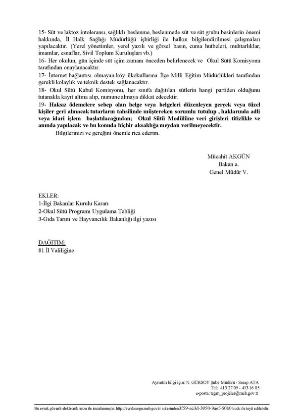 Okul sütü programı tedbirler yazısı