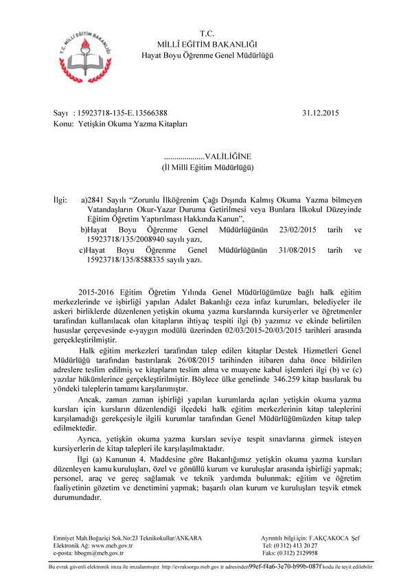 MEB'den yetişkin okuma yazma kitapları yazısı