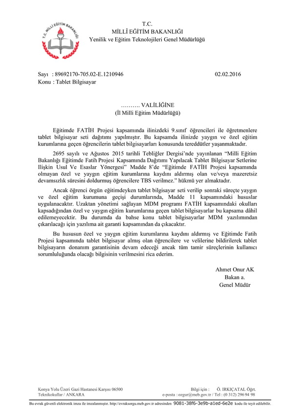 Tablet bilgisayar, öğrenci özel okula geçse de onda kalacak