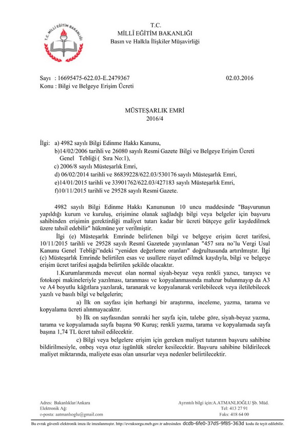 MEB, bilgi ve belgeye erişim ücretlerini açıkladı