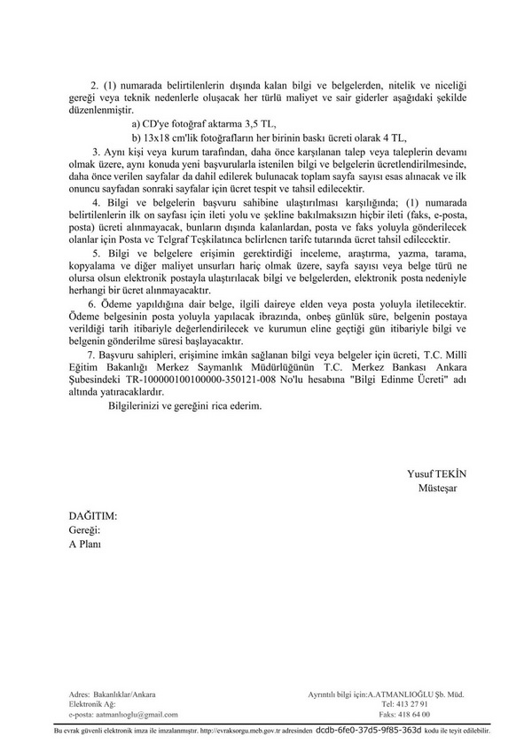 MEB, bilgi ve belgeye erişim ücretlerini açıkladı