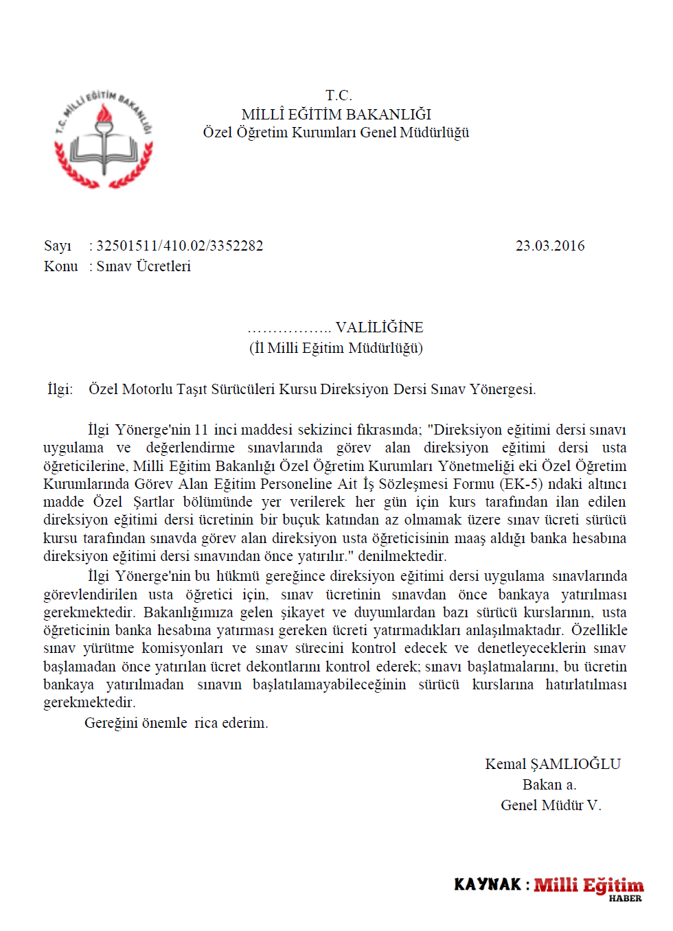 MEB’den MTSK Sınav Ücreti Yazısı