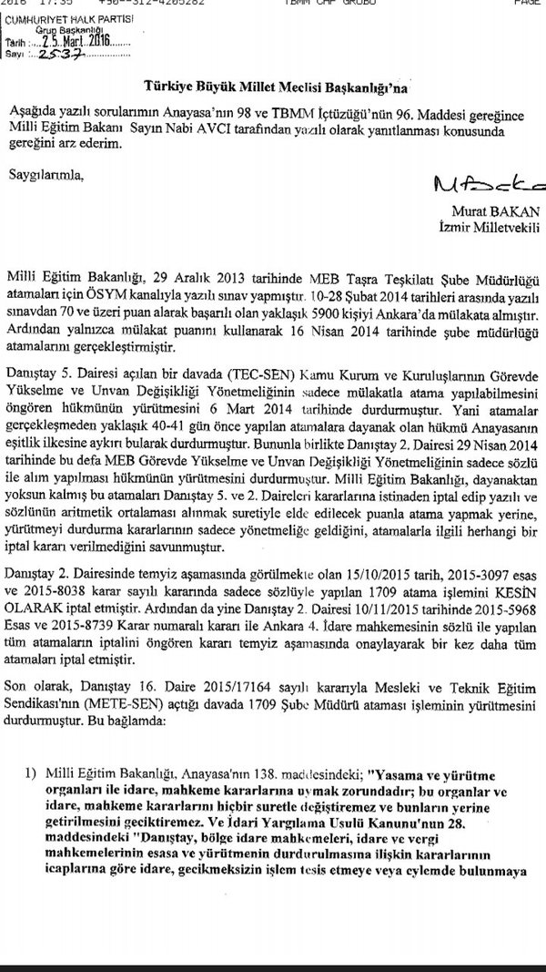 1709 Şube Müdürü atamasıyla ilgili soru önergesi