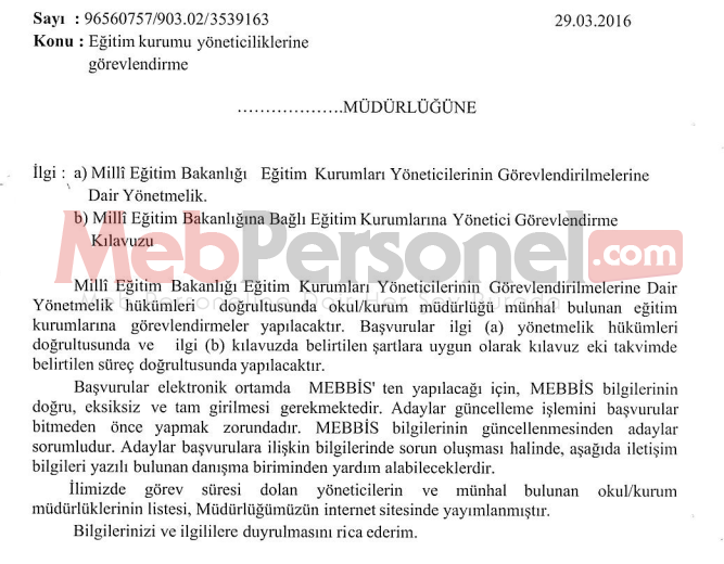 ''Eğitim Kurumu Yöneticiliklerine Görevlendirme'' Yazısı