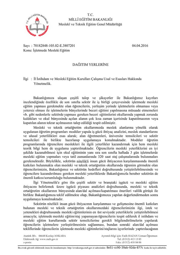 MEB'den işletmede mesleki eğitim uyarısı