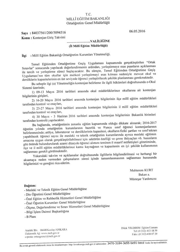 Okulların TEOG için kontenjan giriş takvimi