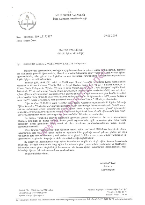 Öğretmenlerin Nöbet Ücreti - MEB Görüş Yazısı