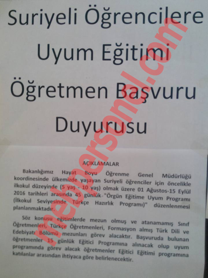Suriyeli Öğrenciler İçin Öğretmen Alımı Duyurusu