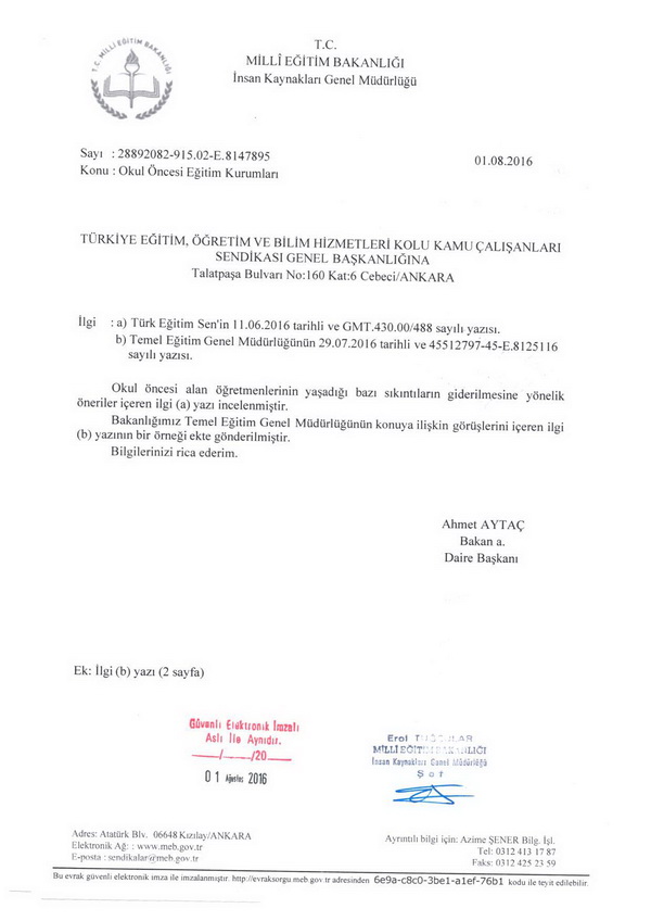 MEB'den okul öncesi öğretmenleri yazısı