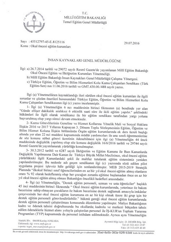 MEB'den okul öncesi öğretmenleri yazısı