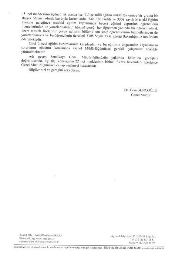 MEB'den okul öncesi öğretmenleri yazısı