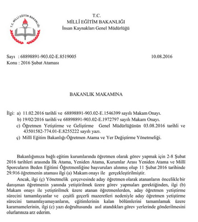 Şubat 2016'da atanan öğretmenler 29 Ağustos'a kadar görevlerine başlayacaklar