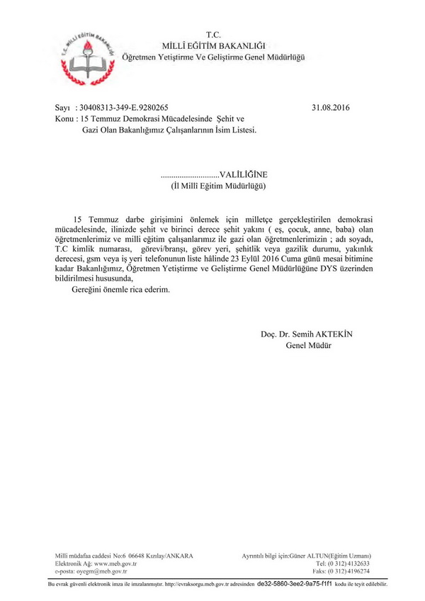 MEB, 15 Temmuz şehit ve gazi yakınlarını tespit ediyor