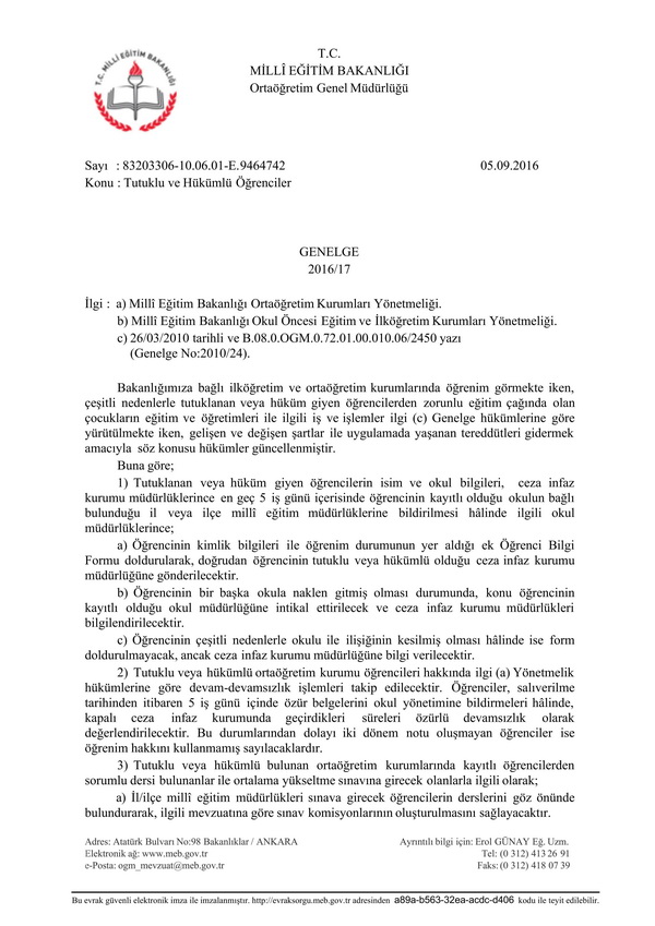 MEB'den tutuklu ve hükümlü öğrenciler genelgesi