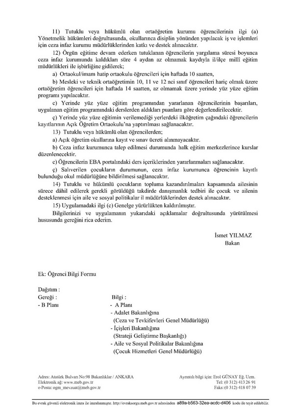 MEB'den tutuklu ve hükümlü öğrenciler genelgesi