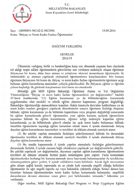 Norm Fazlası Öğretmen Atamaları (MEB Resmi Yazı)