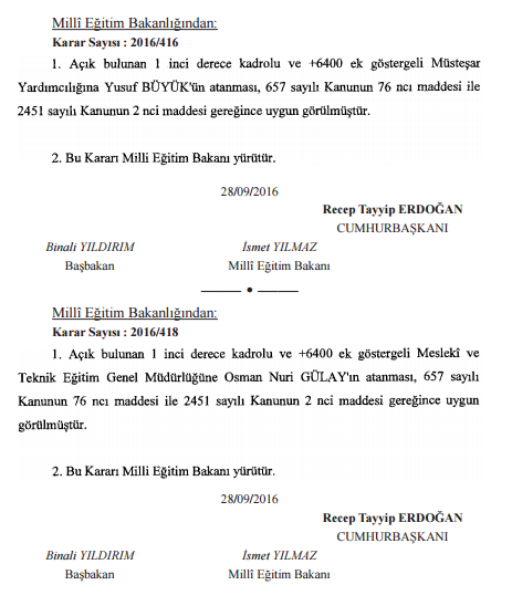 MEB'e Üst Düzey Bürokrat Atamaları Resmi Gazetede