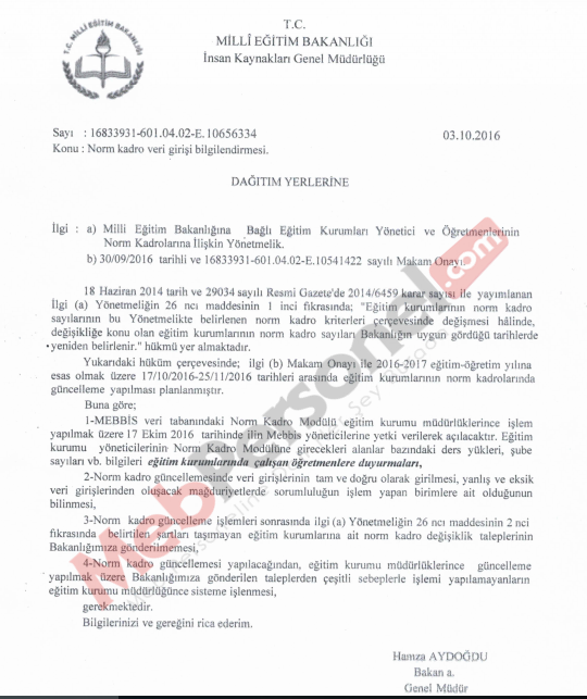 MEB'den ''Norm Kadro Güncelleme'' Yazısı