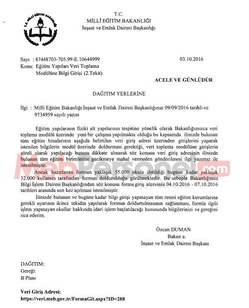 MEB'den ''Eğitim Yapıları Veri Toplama Modülüne Bilgi Girişi'' Yazısı