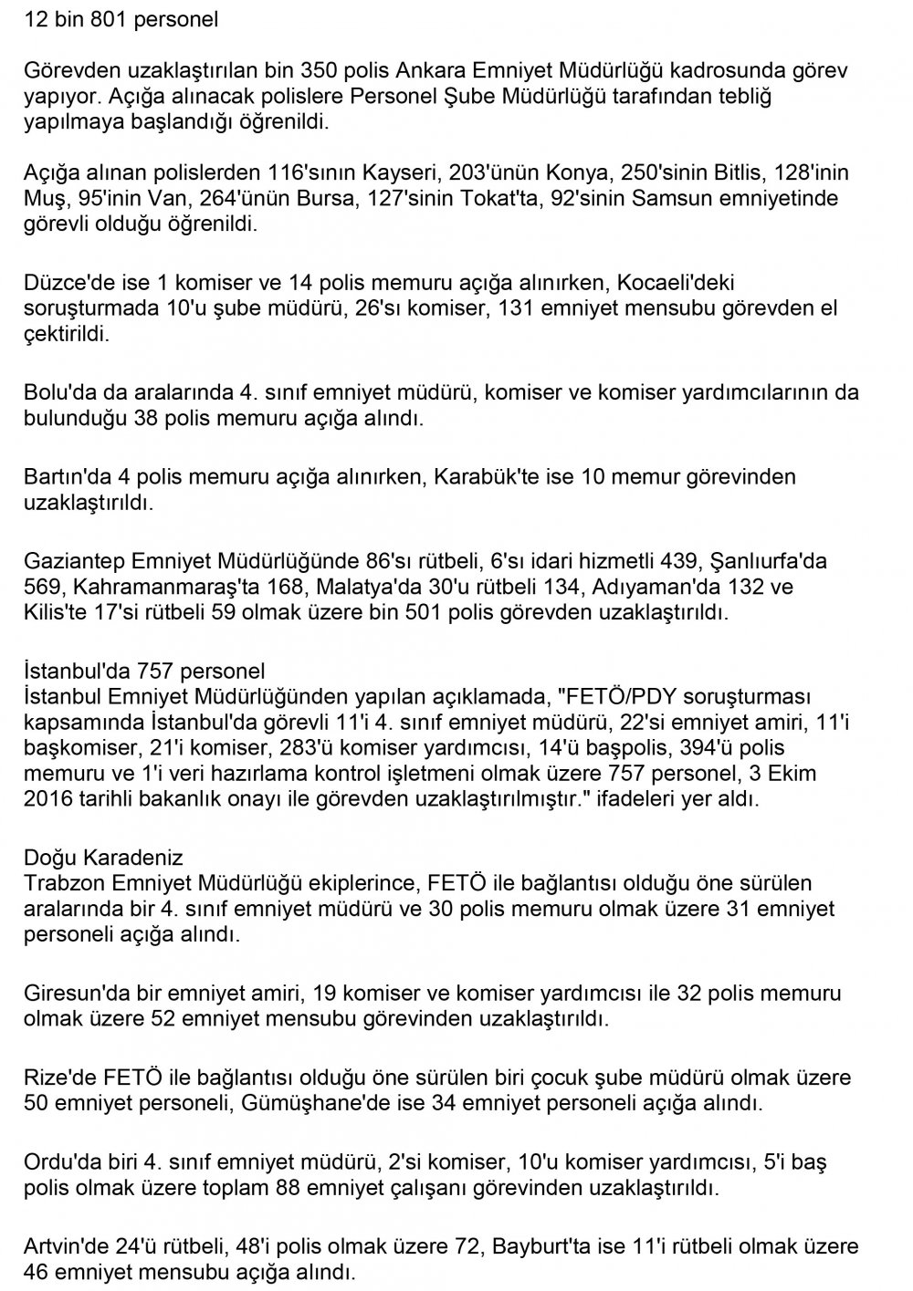 Görevden alınan polislerin illere göre dağılımı