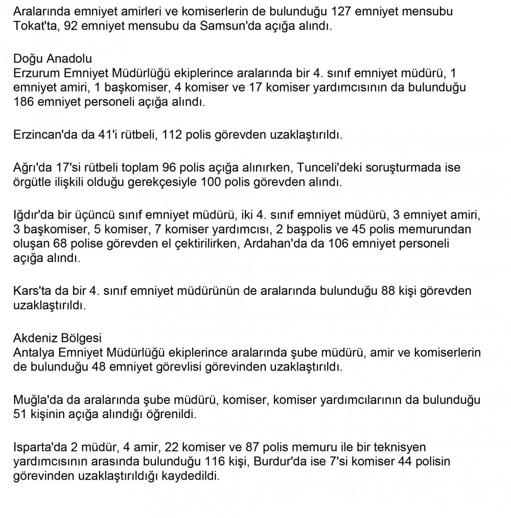 Görevden alınan polislerin illere göre dağılımı