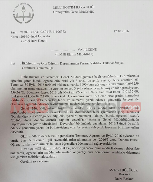 Üç Aylık Yurtiçi Burs Ücretleri Gönderildi