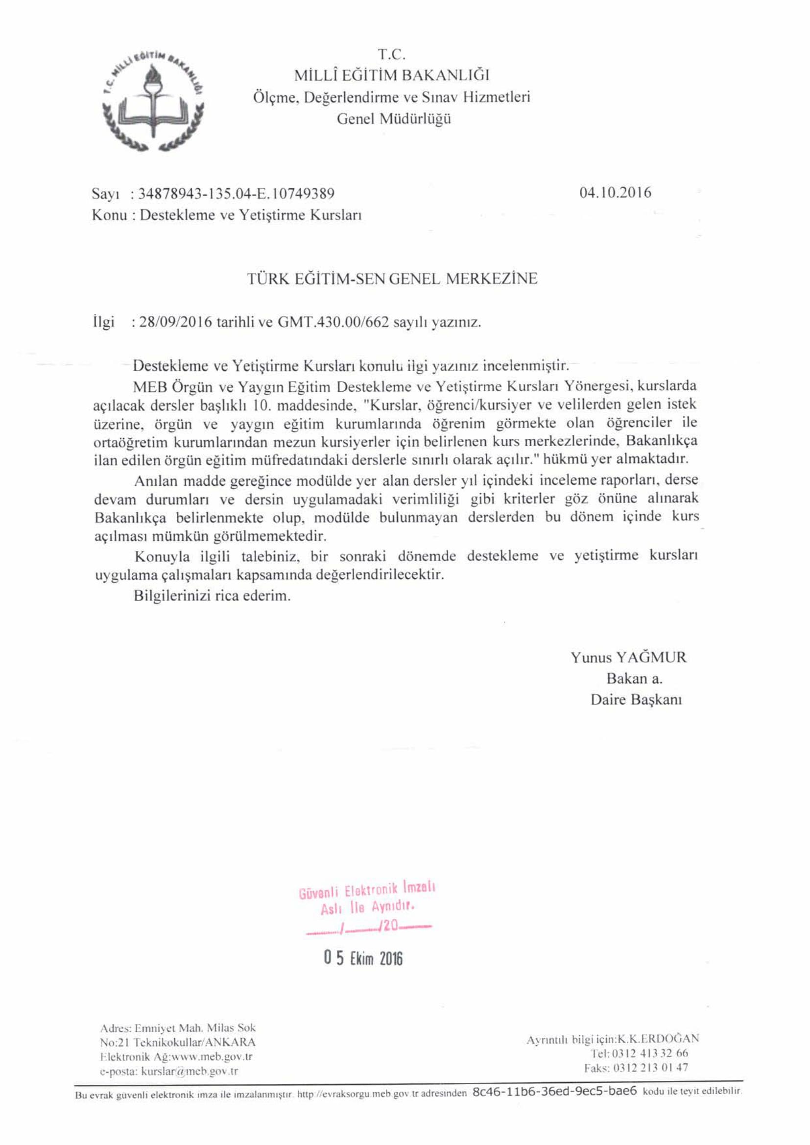 MEB'den Destekleme ve Yetiştirme Kurslarıyla İlgili Yeni Yazı
