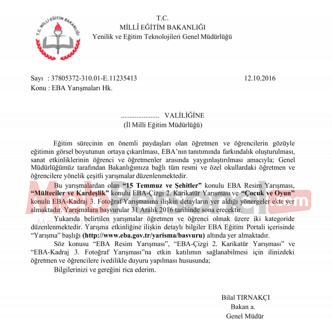 MEB'den ''EBA Yarışmaları'' Yazısı