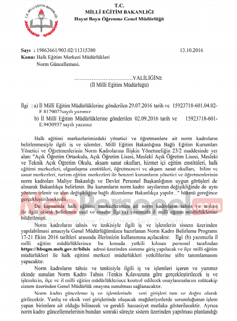 Halk Eğitim Merkezi Müdürlükleri Norm Güncellemesi